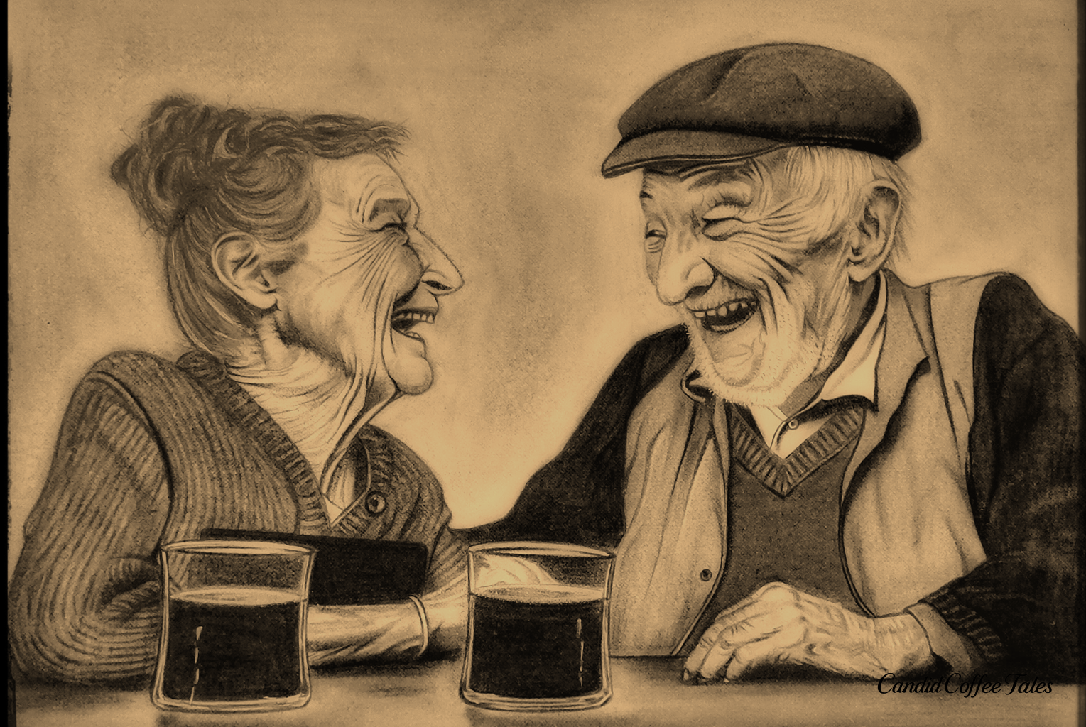 Sketch of an older couple laughing and sharing drinks, celebrating love, joy, and living freely at any age.
