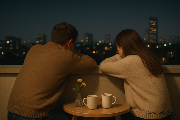 A couple sitting quietly on a terrace, with coffee cups and flowers on the table, capturing love and togetherness in hard times.