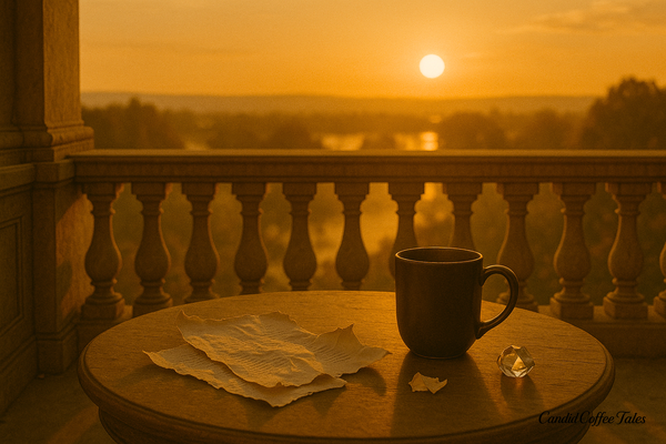 A coffee mug and crumpled pages on a balcony at sunset, capturing the quiet pause and self-reflection that come after rejection.
